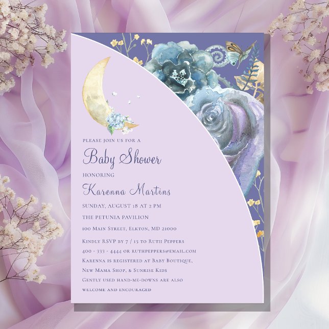 Invitation Fête de bébé au clair de lune lavande violet écrit (Créateur téléchargé)