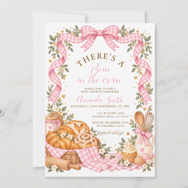 Invitation Fête de bébé au gâteau rose dans le four  (Devant)