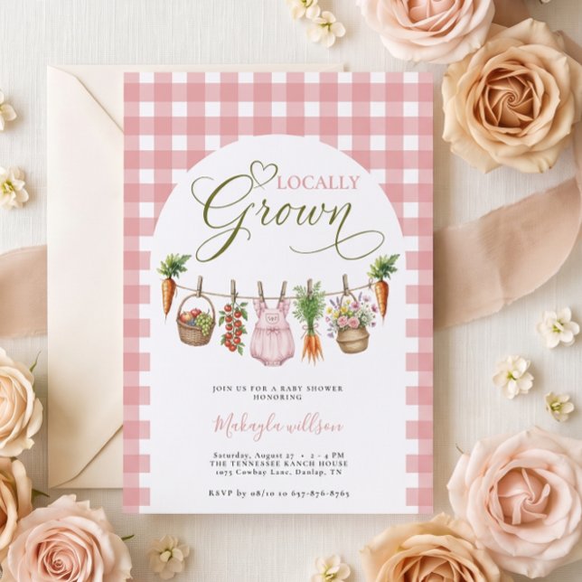 Invitation Fête de Bébé au Gingham Rose Cultivé Localement (Créateur téléchargé)