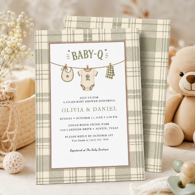 Invitation Fête de bébé au gingham vert sauge Cozy BBQ (Sage Green Gingham Baby Shower Cozy BBQ Invitation)