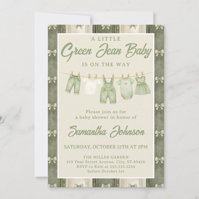 Invitation Fête de Bébé au Jean Vert Sauge (Devant)