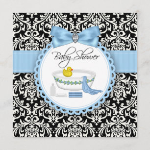 Invitation Fête de bébé au moment du bain en damas noir et bl