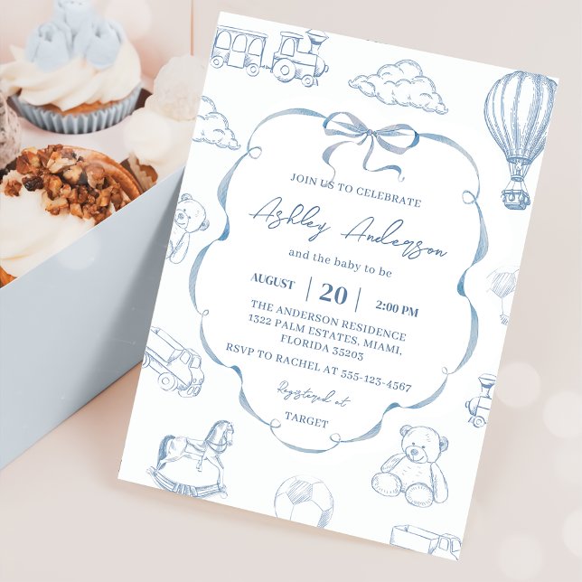 Invitation Fête de Bébé au Ruban Bleu Toile De Jouy (Créateur téléchargé)