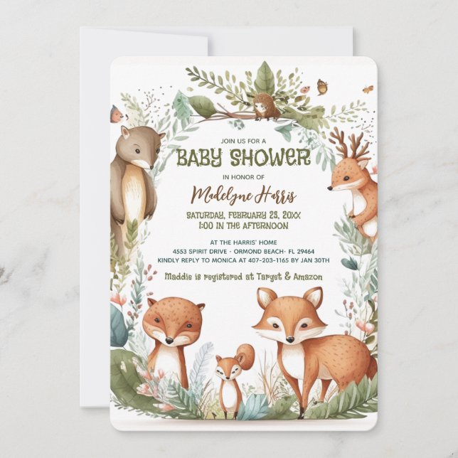 Invitation Fête de bébé au style aquarelle forestier et mixte (Devant)