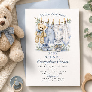 Invitation Fête de bébé au thème de lessive bébé bleu à l'aqu