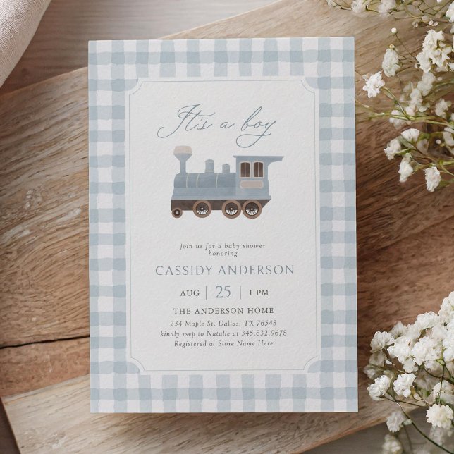 Invitation Fête de bébé au thème de train à carreaux bleus (Créateur téléchargé)