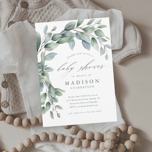 Invitation Fête de bébé au thème de verdure d'eucalyptus (Elegant Eucalyptus Greenery Baby Shower Invitations.)