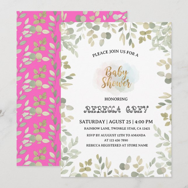 Invitation Fête de bébé au thème d'eucalyptus aquarelle pour  (Devant / Derrière)