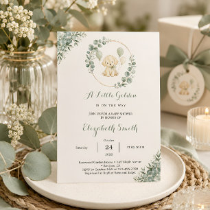 Invitation Fête de Bébé au Thème Golden Retriever, Vert Sauge