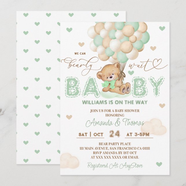 Invitation Fête de bébé au thème ours vert ballons Genre Neut (Devant / Derrière)