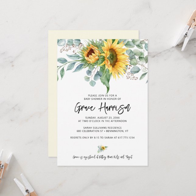 Invitation Fête de bébé au tournesol rustique et verdure d'eu (Devant/Arrière en situation)