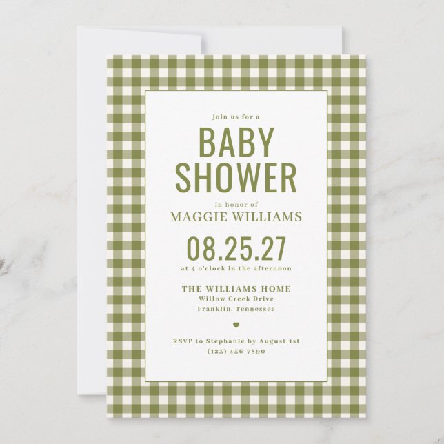Invitation Fête de bébé au vichy vert genre neutre (Devant)