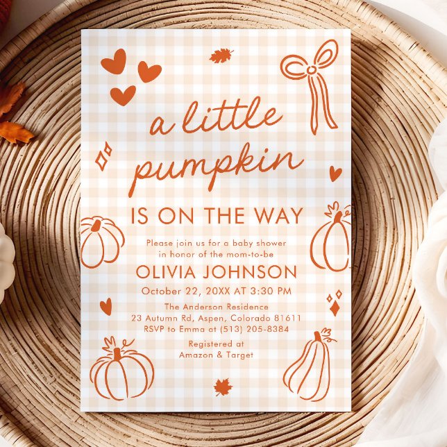 Invitation Fête de bébé automnale avec petite citrouille mign (Fall Cute Hand Drawn A Little Pumpkin Baby Shower Invitation)