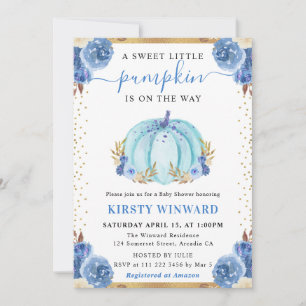 Invitation Fête de bébé automnale Citrouille Florale Bleue et