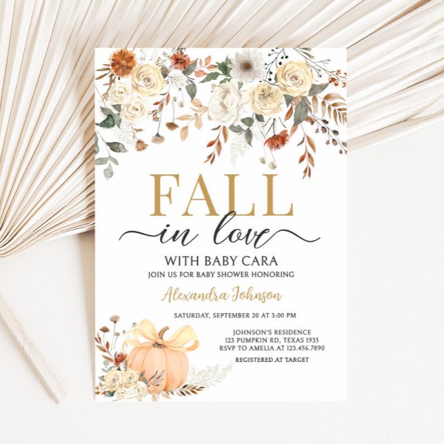 Invitation Fête de bébé automnale citrouille florale coup de  (Fall in Love Floral Pumpkin Baby Shower Invitation)