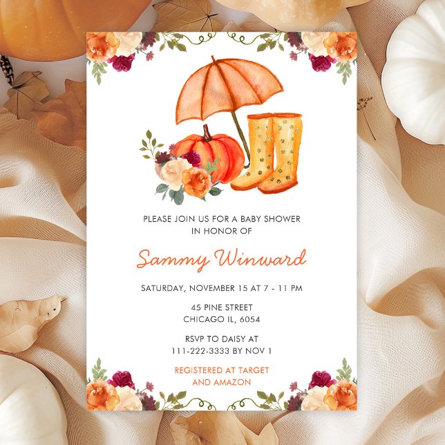 Invitation Fête de Bébé Automne Floral Citrouilles Bottes (Créateur téléchargé)