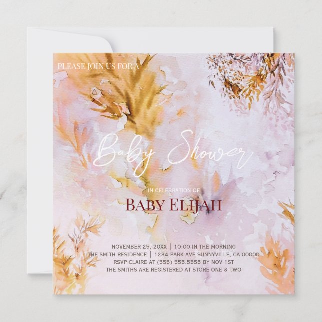 Invitation Fête de bébé aux feuilles d'automne aquarelle viol (Devant)