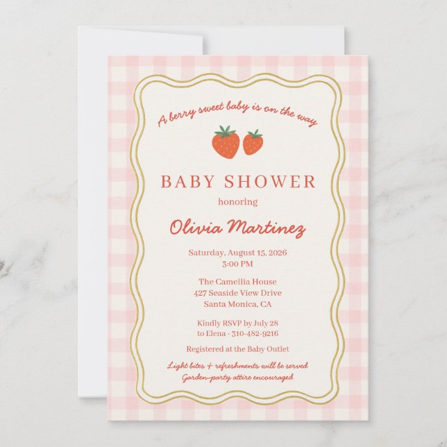 Invitation Fête de Bébé aux Fraises Douces à Carreaux (Devant)
