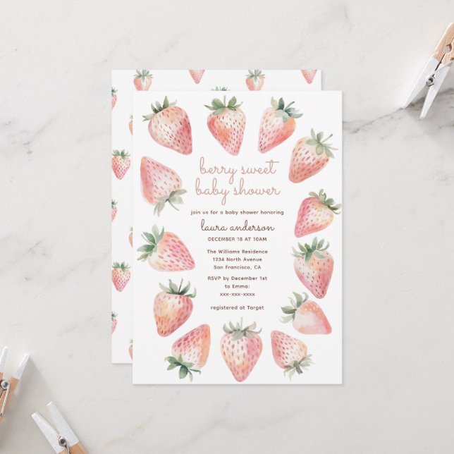 Invitation Fête de Bébé aux Fraises Sucrées Aquarelle (Devant/Arrière en situation)