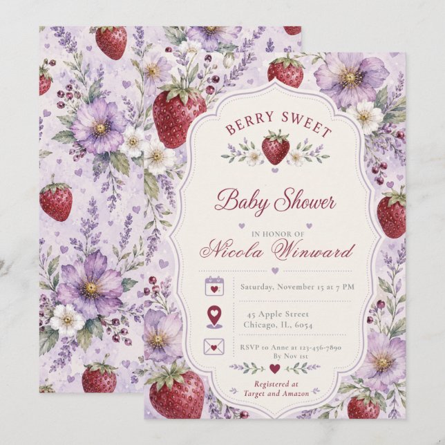 Invitation Fête de Bébé aux Fruits Rouges Sucrés (Devant / Derrière)