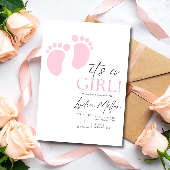 Invitation Fête de Bébé aux Petits Pieds Roses Fille Minimali (Créateur téléchargé)