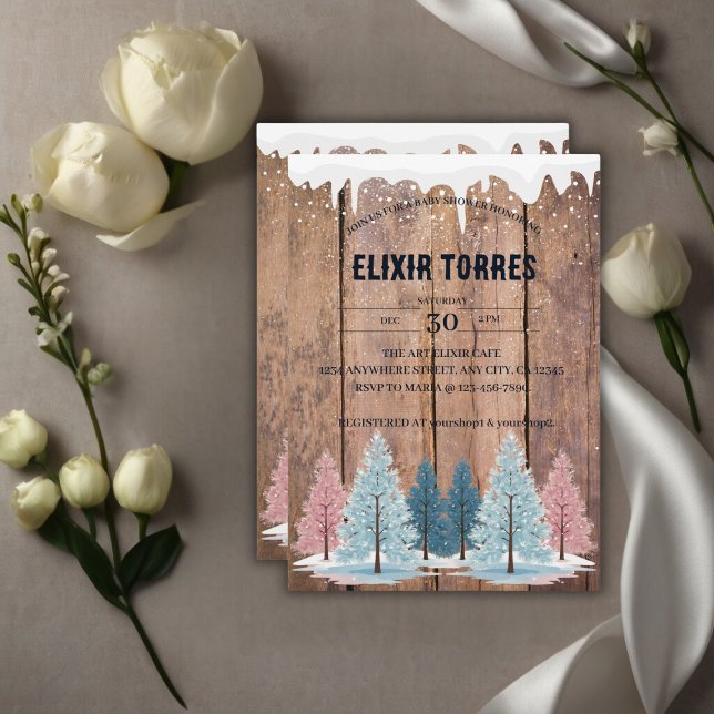 Invitation Fête de Bébé aux Pins de la Forêt d'Hiver Rustique (Créateur téléchargé)