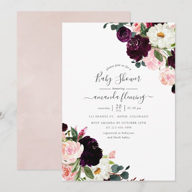 Invitation Fête de bébé aux tons prune et rose (Devant / Derrière)