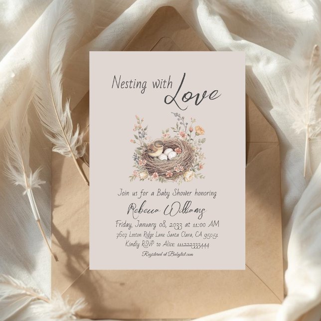 Invitation Fête de Bébé avec Arc Floral Rustique et Nids Embo (Créateur téléchargé)