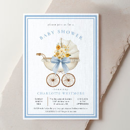Invitation Fête de Bébé avec Landau Vintage  Fleurs Bleu Ciel