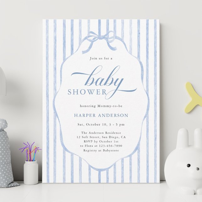 Invitation Fête de bébé avec rayures bleues et cadre festonné (Créateur téléchargé)