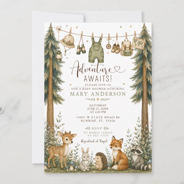 Invitation Fête de Bébé Aventure en Attente Animaux de la For (Devant)