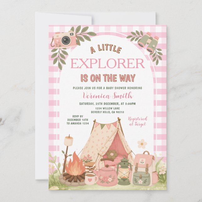 Invitation Fête de bébé aventure fille camping Rose (Devant)