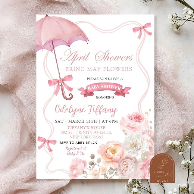 Invitation Fête de bébé avril florale rose tendre (Créateur téléchargé)