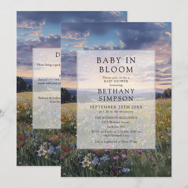 Invitation Fête de bébé Baby In Bloom Code QR Fleurie (Devant / Derrière)