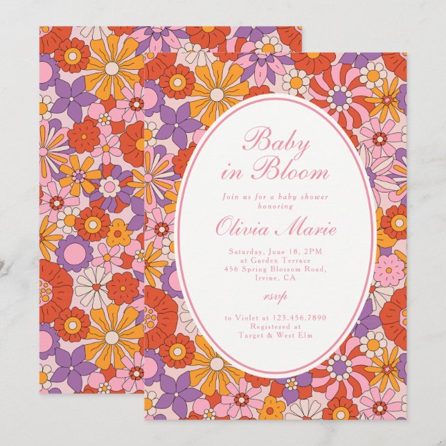 Invitation Fête de bébé Baby in Bloom Rose Rétro (Devant / Derrière)