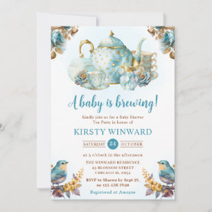 Invitation Fête de bébé Baby Shower à la théière aquarelle bl