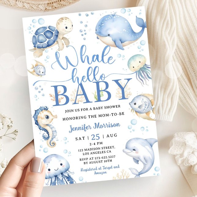 Invitation Fête de Bébé Baleine Garçon Océan Bleu (Créateur téléchargé)
