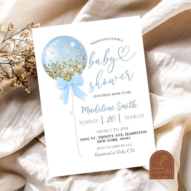 Invitation Fête de Bébé Ballon Bleu avec Nœud Coquette (Créateur téléchargé)
