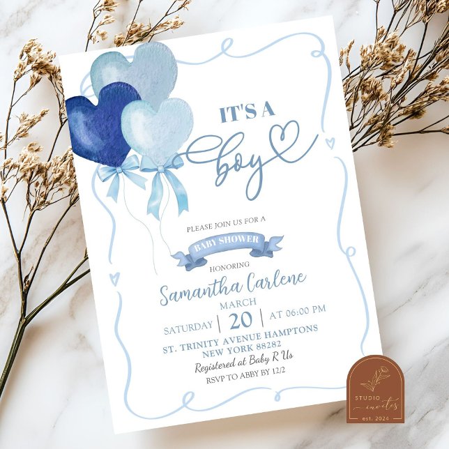 Invitation Fête de bébé Ballon Cœur Bleu (Créateur téléchargé)