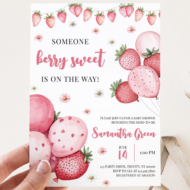 Invitation Fête de bébé ballon en forme de fraise (Créateur téléchargé)
