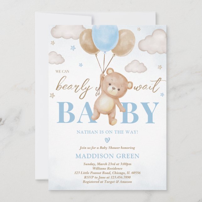 Invitation Fête de bébé ballon ours bleu (Devant)