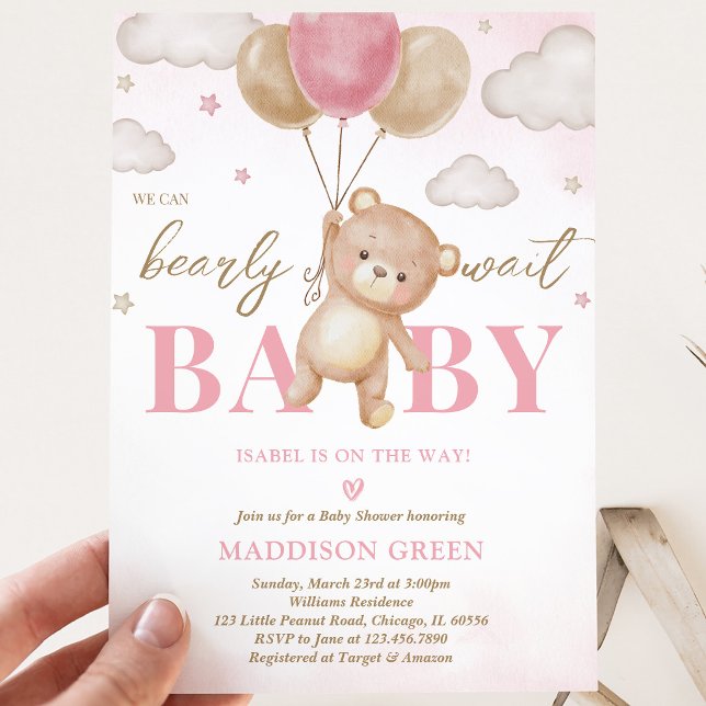 Invitation Fête de bébé ballon ours rose (Créateur téléchargé)