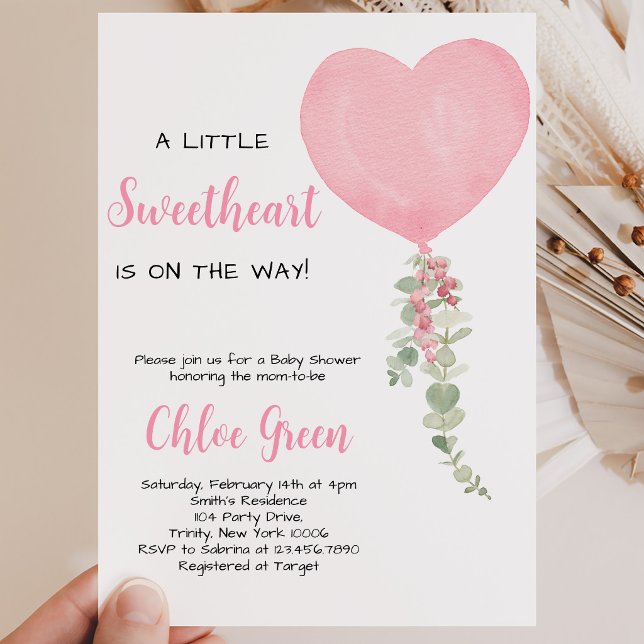 Invitation Fête de bébé Ballon Rose en Forme de Cœur (Créateur téléchargé)