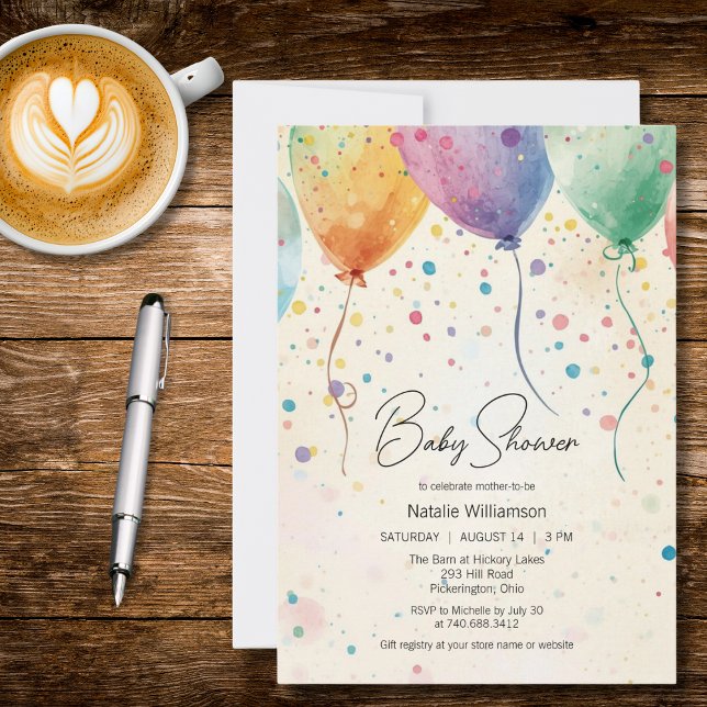 Invitation Fête de Bébé Ballons à l'Aquarelle  (Créateur téléchargé)