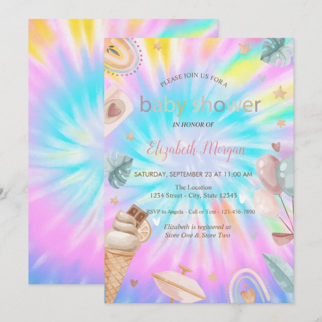 Invitation Fête de bébé Ballons de glace Arc-en-ciel Tie-Dye  (Devant / Derrière)