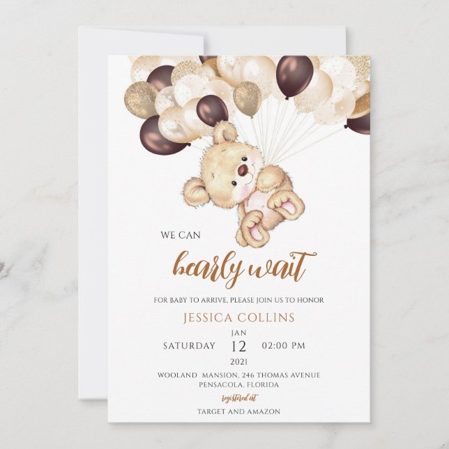 Invitation Fête de Bébé Ballons Ours (Devant)