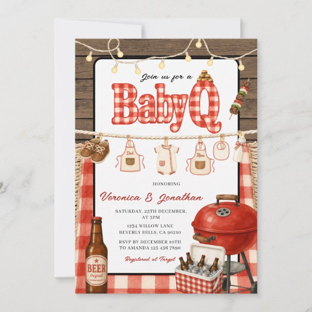 Invitation Fête de bébé BBQ Jardin Grill Rouge Gingham Bois (Devant)