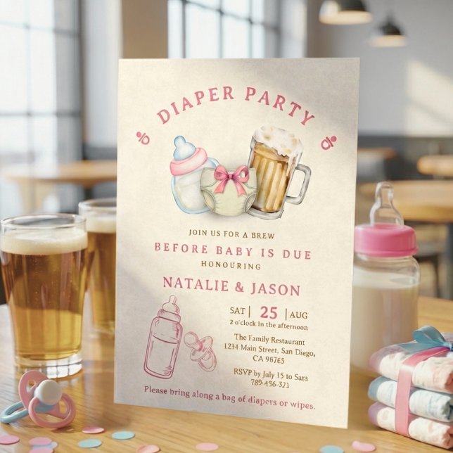 Invitation Fête de Bébé Bière Couche Cute Rose (Cute Pink Bow Diaper Beer Baby Shower Invitation)
