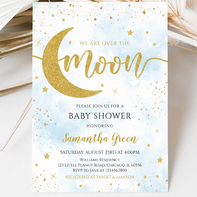 Invitation Fête de bébé Bleu Nous sommes au-dessus de la Lune (Créateur téléchargé)