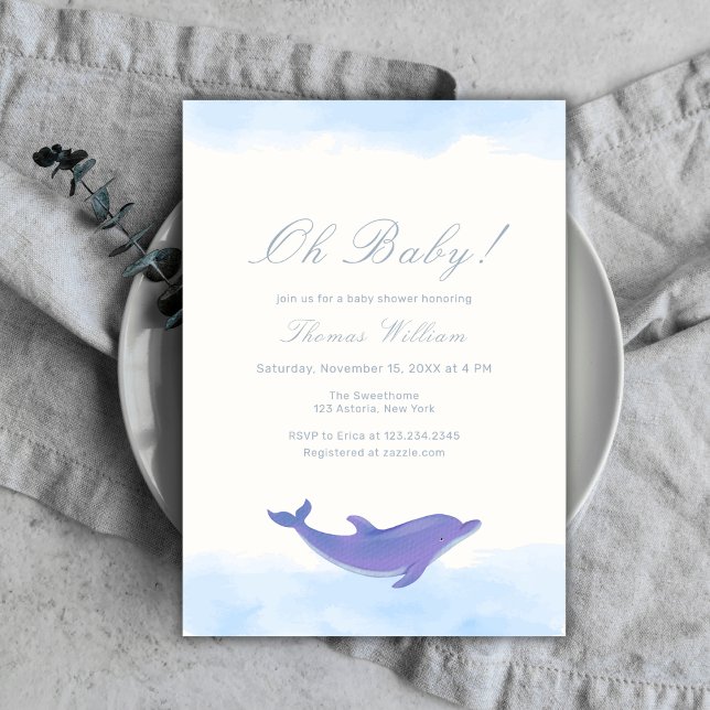 Invitation Fête de bébé Bleu Oh Bébé Plage Océan Dauphin (Blue Oh Baby Beach Ocean Dolphin Baby Shower Invitation)